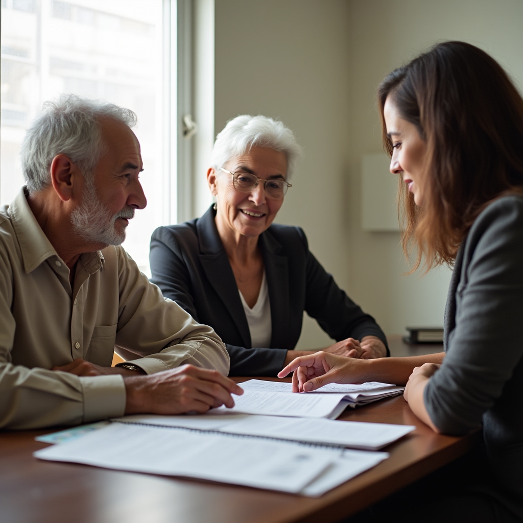 Two older adults reviewing documents with a facilitator during an accompaniment session