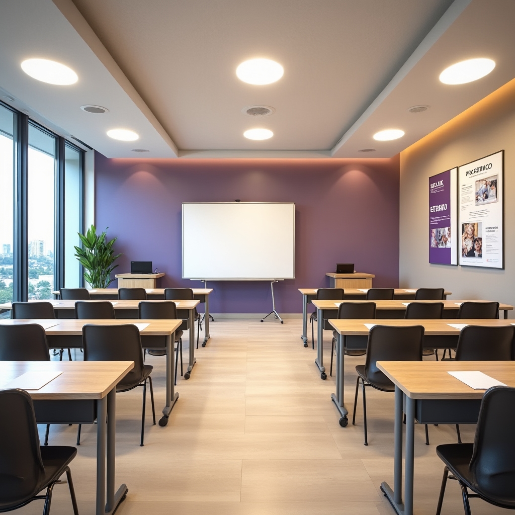 Training venue interior in Barranquilla with tables set up for a financial education workshop