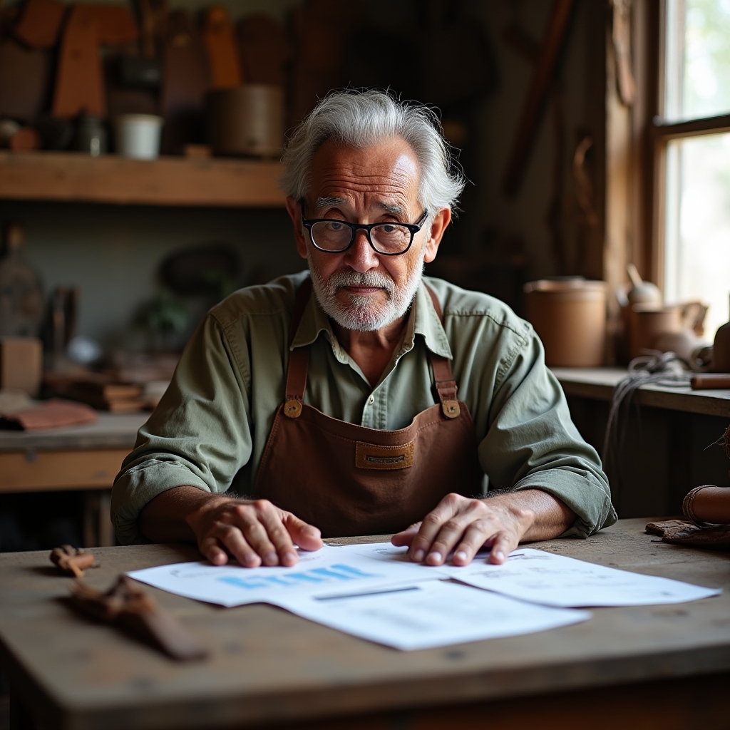Older Colombian artisan or craftsperson reviewing financial papers at a workbench surrounded by handmade items