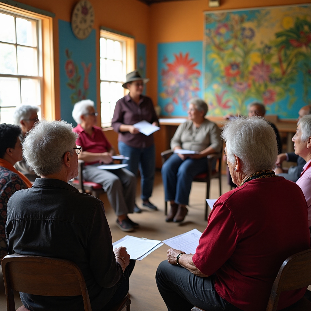 Group of older creative professionals attending a financial education workshop in a cultural community space