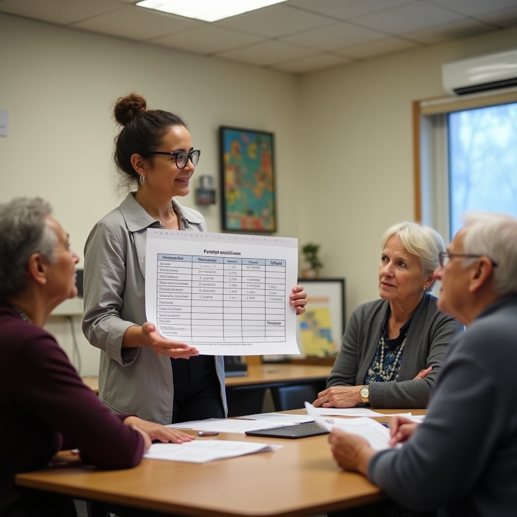 Workshop facilitator explaining a financial concept using printed materials to a group of adults