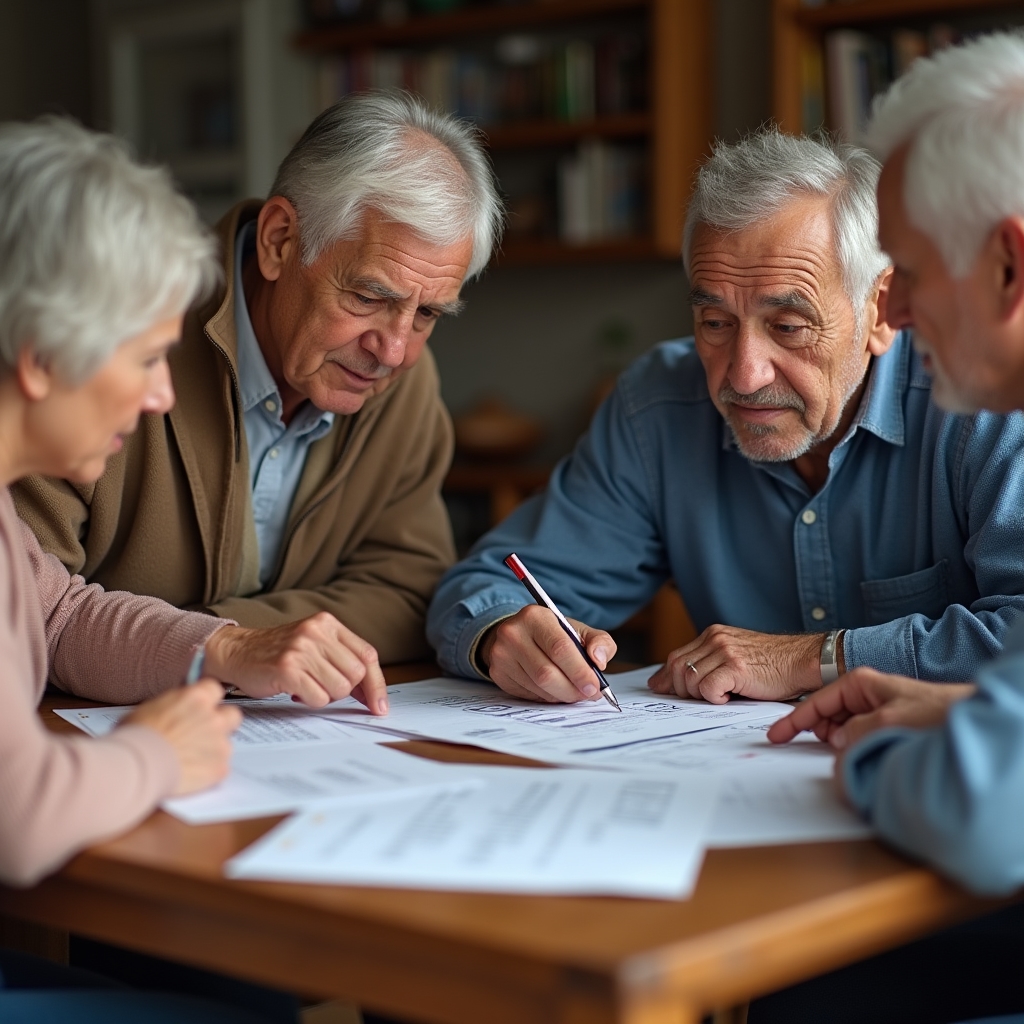 Small group of senior adults reviewing budget worksheets during an in-person workshop