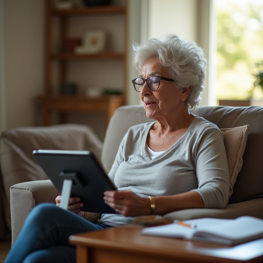 Senior adult attending an online financial education webinar on a tablet computer at home