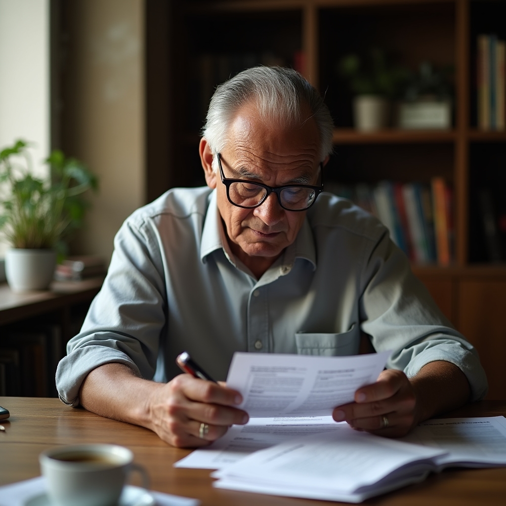 Senior adult focusing on financial documents with careful attention to detail