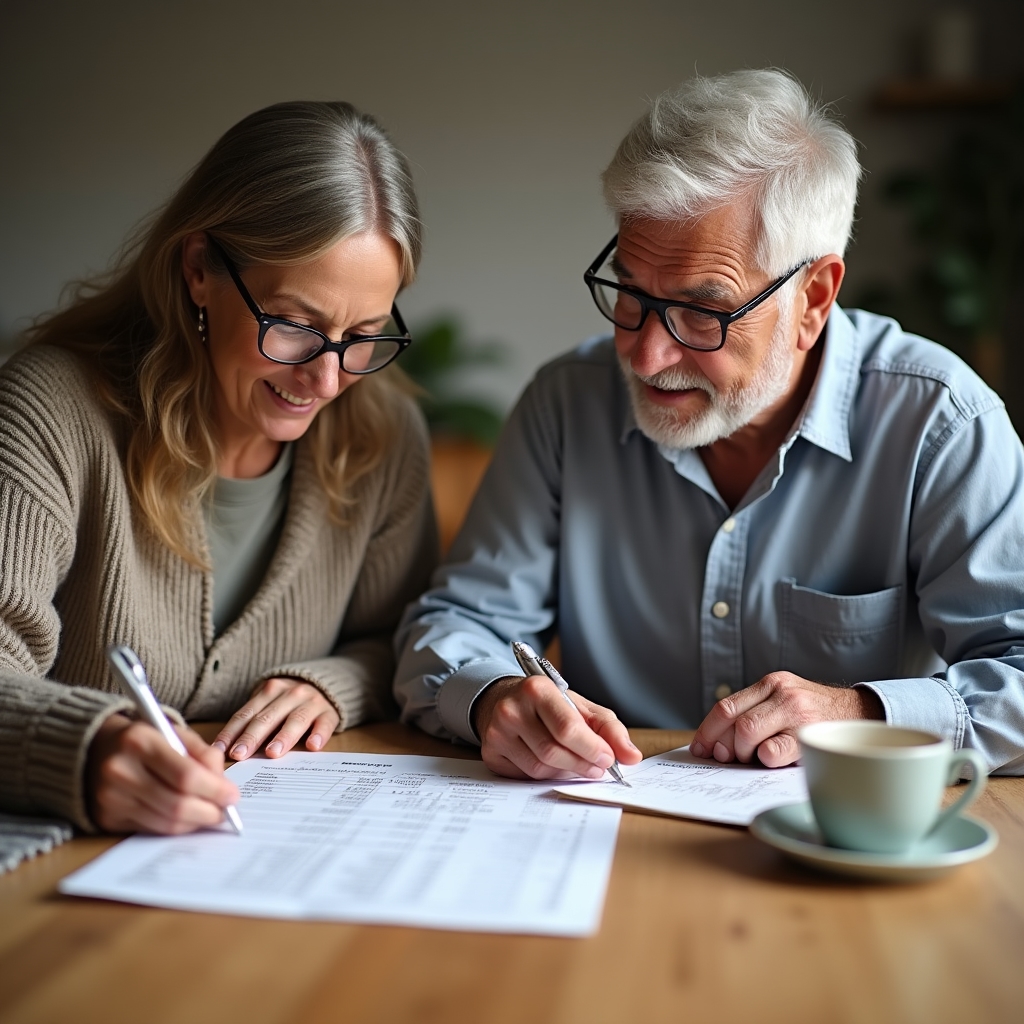 Colombian senior couple reviewing their household budget documents together at a table